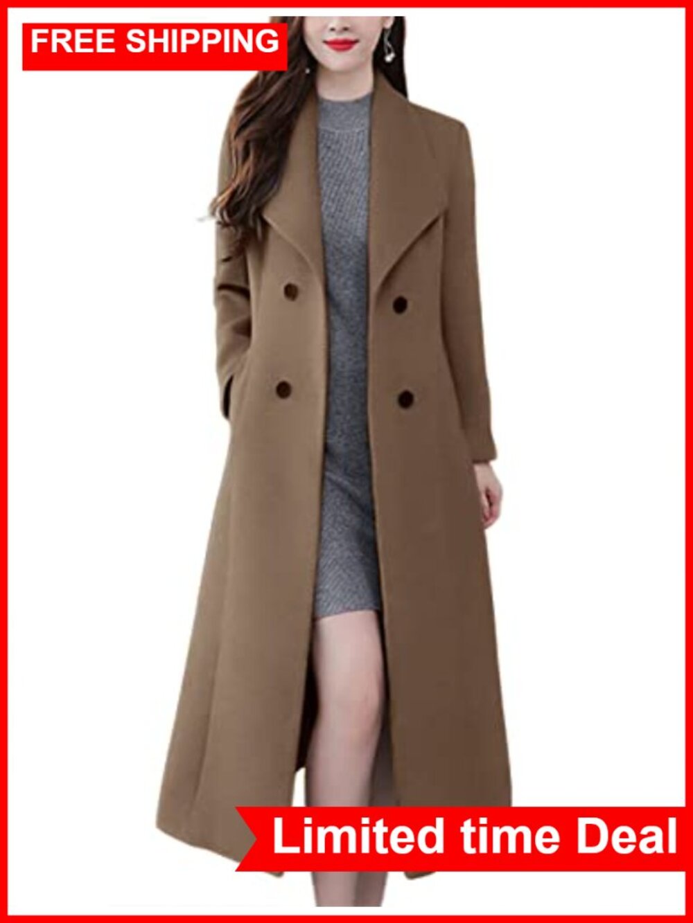 Wool Blend Maxi Pea Coat Shawl Collar Double Breasted Winter Overcoat